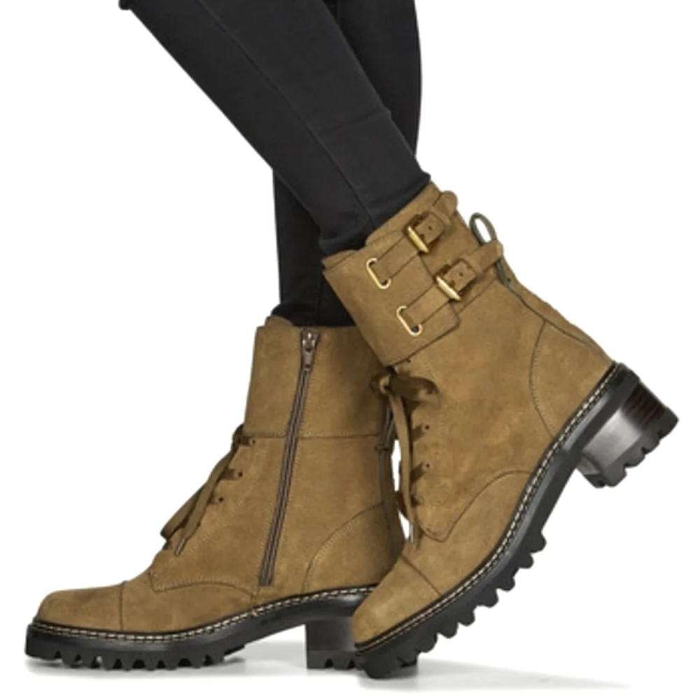NWT$525 See by Chloe Mallory Leather Buckle Strap Ankle Combat Boots Sz 37.5 - Picture 2 of 12